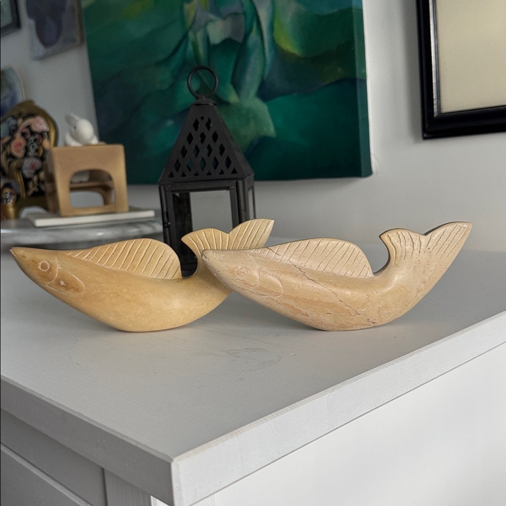 Artisan Hand Carved Vintage Tan Fish Figurines (2)